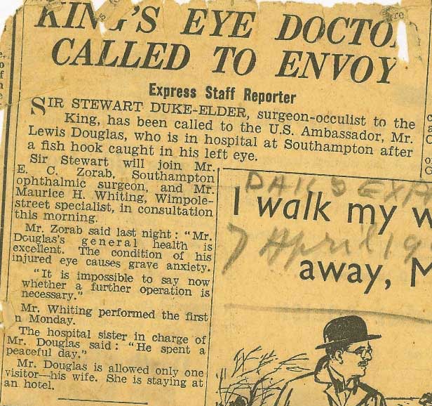 King's Eye Doctor Called to Envoy (news clipping)